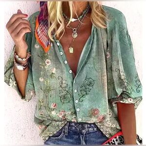 NEW - Flamingals - Floral Green Button-Up Blouse